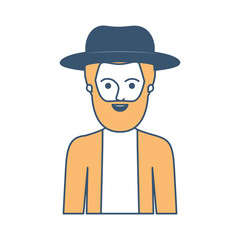 man half body with hat and jacket with short hair and beard in color sections silhouette vector illustration