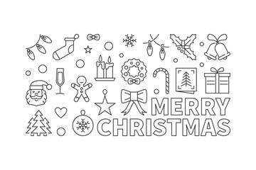 Merry Christmas vector linear banner. Xmas minimal illustration