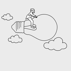 businessman with helmet riding on flying lamp vector illustration doodle sketch hand drawn with black lines isolated on gray background. Creativity business concept. Editable artwork.