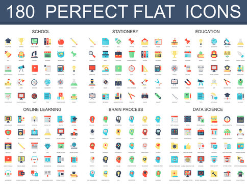 180 modern flat icons set of school, stationery, education, online learning, brain process, data science icons.