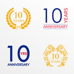 10 years anniversary set. Anniversary icon emblem or label collection. 10 years celebration and congratulation decoration element. Vector illustration.