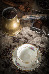 Turkish coffee in copper coffe pot