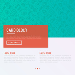 Fototapeta premium Cardiology concept with thin line icons set: cardiologist, stethoscope, hospital, pulsometer, cardiogram, heartbeat. Modern vector illustration for banner, web page, print media.