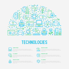 Technologies concept in half circle with thin line icons of: electric car, rocket, robotics, solar battery, machine intelligence, web development. Vector illustration for web page.