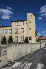 View of the castle of Plauzat (Le chateau de Plauzat, 1872) in the Plauzat town. Plauzat is a commune in the Puy-de-Dome department in Auvergne-Rhone-Alpes region in central France.