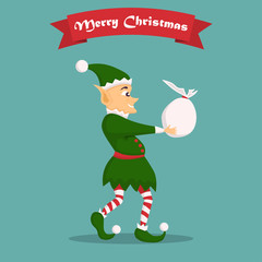 Christmas elf character with bag in a flat design