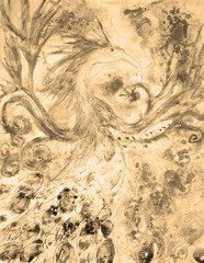 Sepia vintage Phoenix in fire and flame . The dabbing technique near the edges gives a soft focus effect due to the altered surface roughness of the paper.