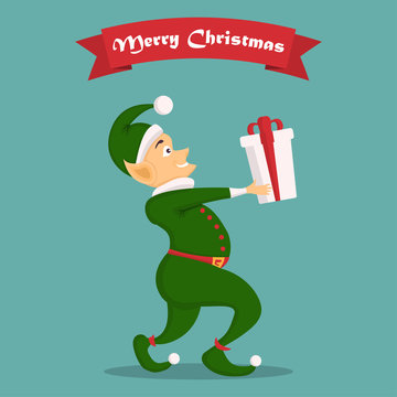 Christmas elf character with gift in a flat design