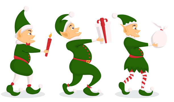 Set of christmas elf character with bag in a flat design