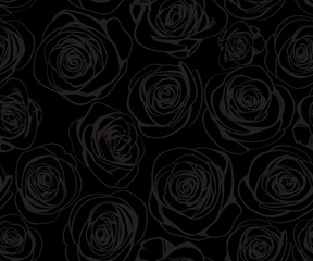 Black seamless pattern with gray line roses. Vector elegant vintage floral illustration