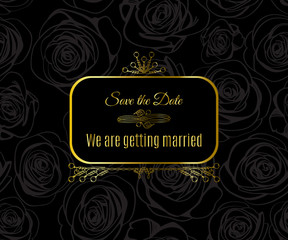 Wedding card design with golden vintage pattern on black background.  Gold abstract elegant luxury frame. Vector illustration for retro label concept