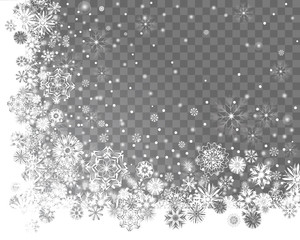 Falling snow on a transparent background. Abstract snow background for your Merry Christmas and Happy New Year corner frame design. Vector illustration