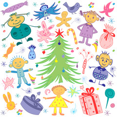 Obraz na płótnie Canvas Happy Kids Around Fir Tree with Gifts and Candies. Colorful Funny Children's Drawings of Winter Holiday's Symbols. Vector Illustration.