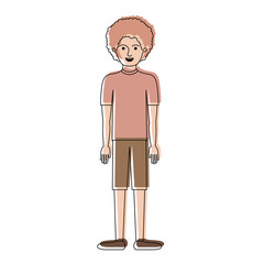 man full body with t-shirt and short pants and shoes with curly hair in watercolor silhouette vector illustration