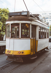 Plakat Famous Lisbon tram on the street.