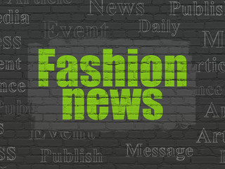 News concept: Painted green text Fashion News on Black Brick wall background with  Tag Cloud