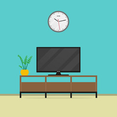 Living room interior with flat screen TV and TV stand. Vector illustration.