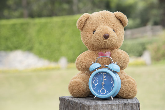 Teddy bear with blue clock on backdrop