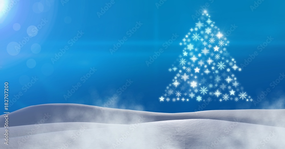 Poster snowflake christmas tree pattern shape in snow landscape