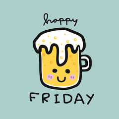 Happy Friday word and cold beer glass smile cartoon vector illustration doodle style 