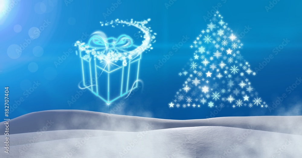 Poster gift box glowing and snowflake christmas tree pattern shape in