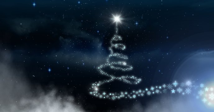 Snowflake Christmas tree pattern shape glowing in night sky