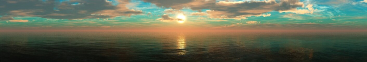 Fototapeta premium beautiful sea sunset, panorama of the ocean sunrise, sun over the water, banner 