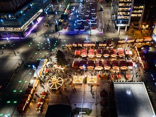 Aerial drone view on traditional Christmas market at Katowice