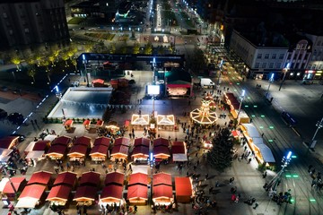 Aerial drone view on traditional Christmas market at Katowice - obrazy, fototapety, plakaty
