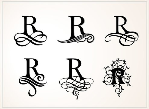 Vintage Set . Capital Letter R for Monograms and Logos. Beautiful Filigree Font. Victorian Style.