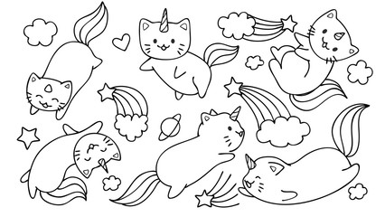 Hand drawn cute unicorn cats flying with stars and clouds for design element and coloring book page for kids or teens. © Somjai King