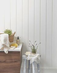 bathroom with bathroom accessory wooden white wall