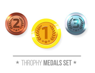 Trophy medals set design for game. Level results vector illustration isolated on white background