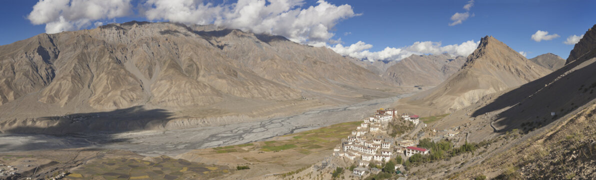 Panoramic view of Spiti valley with monastery Key Gompa, Himachal Pradesh, India