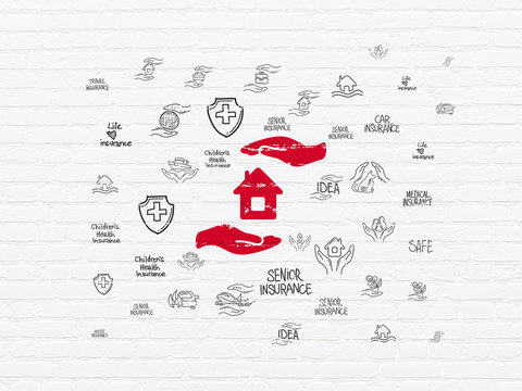 Insurance concept: Painted red House And Palm icon on White Brick wall background with  Hand Drawn Insurance Icons