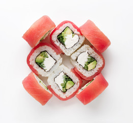 Set of fish rolls isolated on white, closeup