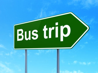 Tourism concept: Bus Trip on green road highway sign, clear blue sky background, 3D rendering