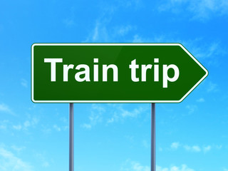 Tourism concept: Train Trip on green road highway sign, clear blue sky background, 3D rendering