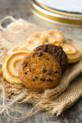 Assorted butter cookies on wooden table