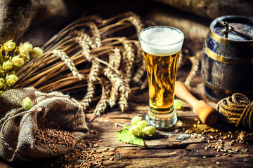 Glass of fresh cold beer in rustic setting. Food and beverage background