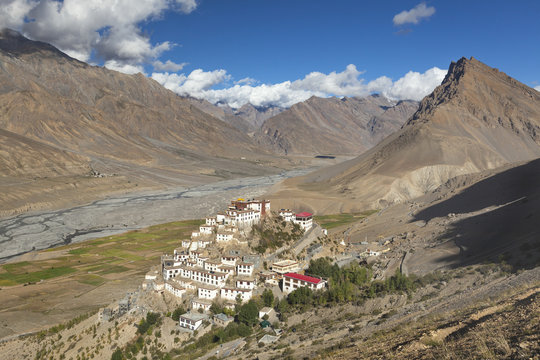 Beautiful monastery Key Gompa (4166 m) with mountains landscape, Spiti valley, Himachal Pradesh, India