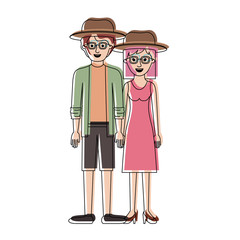 couple in watercolor silhouette and both with hat and glasses and him with shirt and jacket and short pants and shoes and her with dress and heel shoes with mid length hair vector illustration