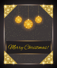 Fototapeta na wymiar Merry Christmas Template for greeting offer card. Gold shining frame with corners