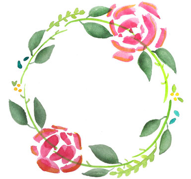 Water colour floral wreath painting with red rose