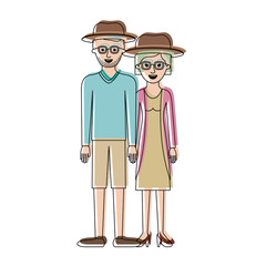 couple in watercolor silhouette and both with hat and glasses and him with stubble beard and sweater and short pants and shoes and her with jacket and dress and heel shoes with short hair vector