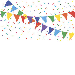 Fototapeta na wymiar Colorful party flags with confetti. Celebrate flags. Party background with flags and confetti