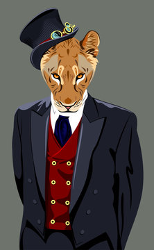 Portrait of lion in the men's business suit and hat