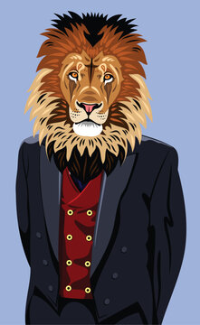 Portrait of lion in the men's business suit and hat