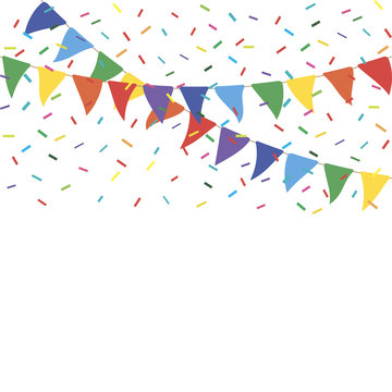 Colorful party flags with confetti. Celebrate flags. Party background with flags and confetti
