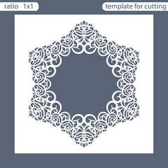 Laser cut wedding invitation card template. A greeting card with a lace pattern is cut from paper.  Photo frame in the form of a star. Vector.